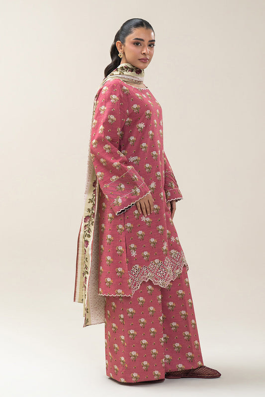 3 PIECE EMBROIDERED SLUB KHADDAR SUIT-CORAL FIERCE