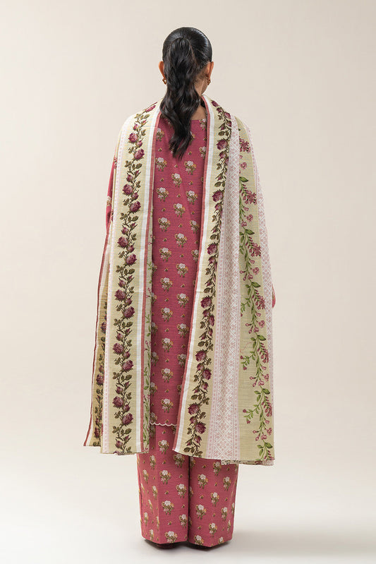 3 PIECE EMBROIDERED SLUB KHADDAR SUIT-CORAL FIERCE