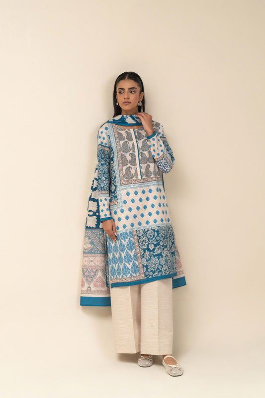 3 PIECE PRINTED SLUB KHADDAR SUIT-IVORY DEPTH (UNSTITCHED)