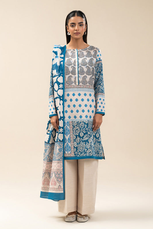 3 PIECE PRINTED SLUB KHADDAR SUIT-IVORY DEPTH (UNSTITCHED)
