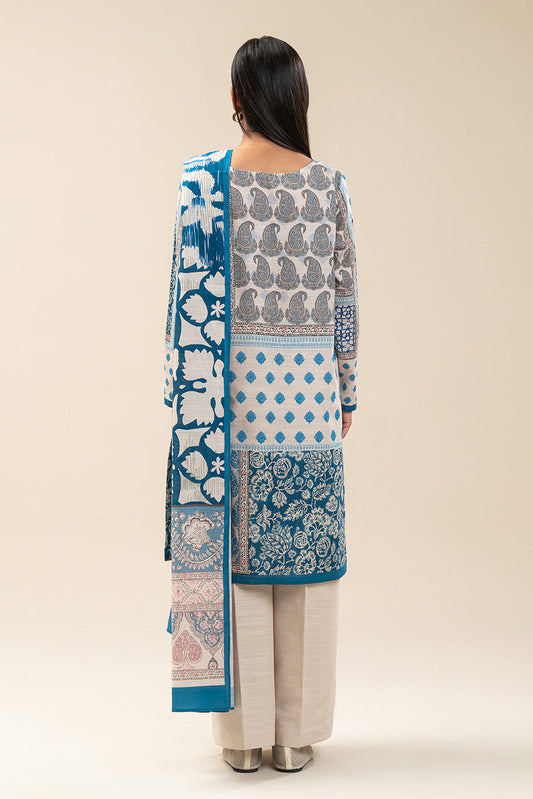 3 PIECE PRINTED SLUB KHADDAR SUIT-IVORY DEPTH (UNSTITCHED)