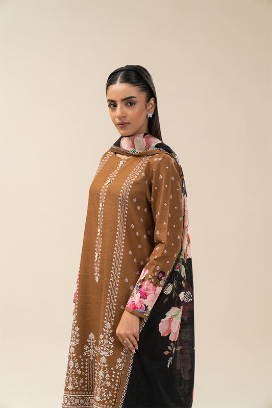 3 PIECE PRINTED SLUB KHADDAR SUIT-RUSSET MIST (UNSTITCHED)