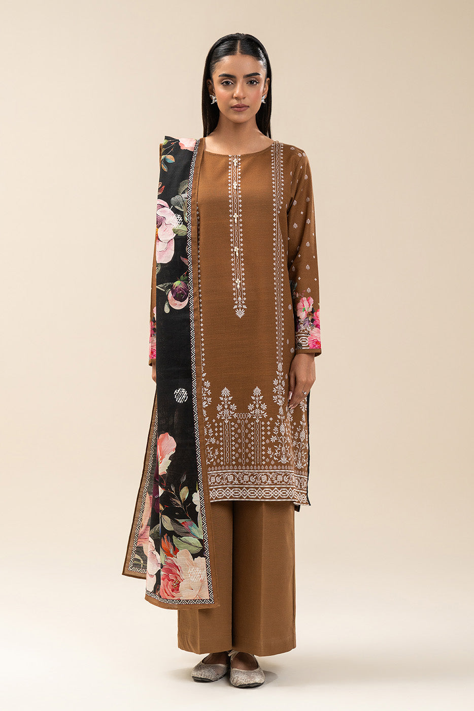 2 PIECE PRINTED SLUB KHADDAR SUIT-RUSSET MIST (UNSTITCHED)