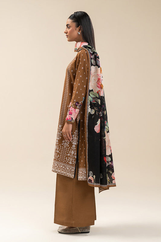 3 PIECE PRINTED SLUB KHADDAR SUIT-RUSSET MIST (UNSTITCHED)