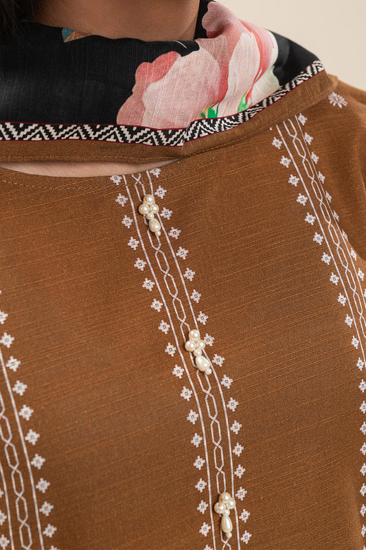 3 PIECE PRINTED SLUB KHADDAR SUIT-RUSSET MIST (UNSTITCHED)