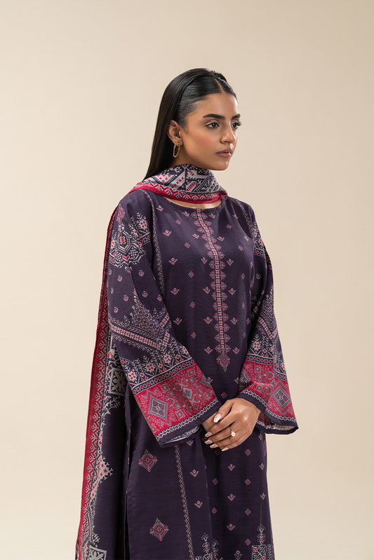 3 PIECE PRINTED SLUB KHADDAR SUIT-DEEP INDIGO (UNSTITCHED)