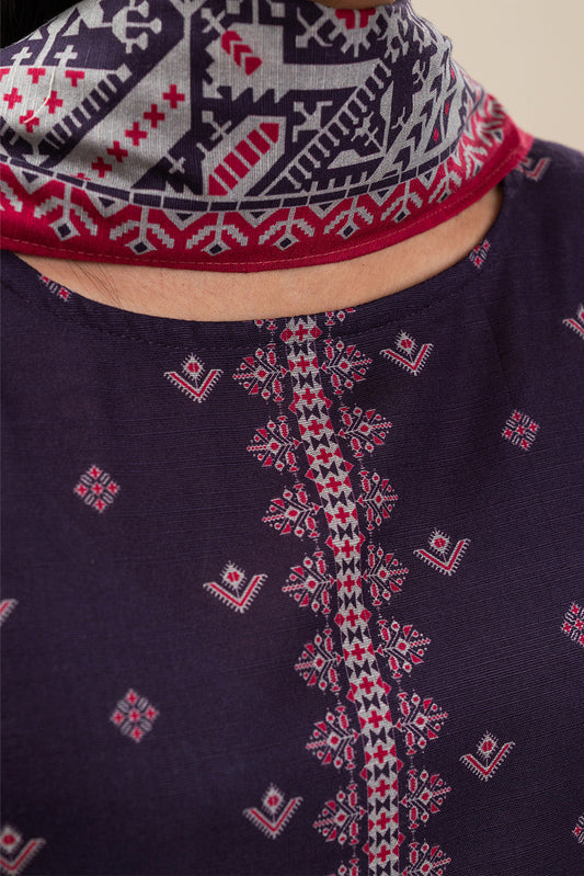 3 PIECE PRINTED SLUB KHADDAR SUIT-DEEP INDIGO (UNSTITCHED)