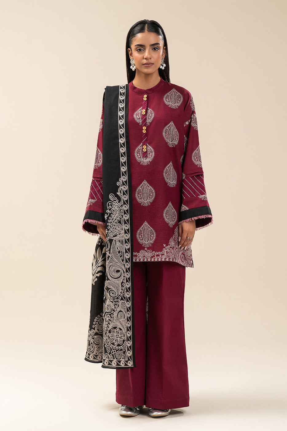 2 PIECE PRINTED SLUB KHADDAR SUIT-GARNET GLINT (UNSTITCHED)