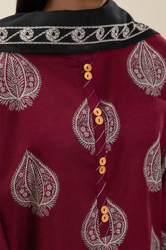 2 PIECE PRINTED SLUB KHADDAR SUIT-GARNET GLINT (UNSTITCHED)