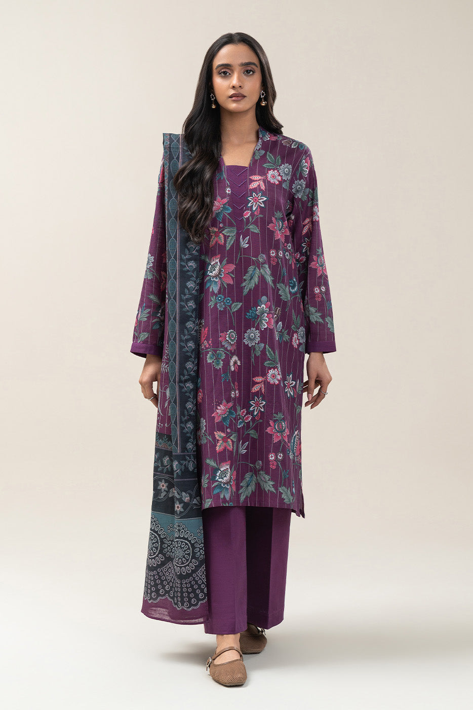 3 PIECE PRINTED SLUB KHADDAR SUIT-AMETHYST BLOOM (UNSTITCHED)