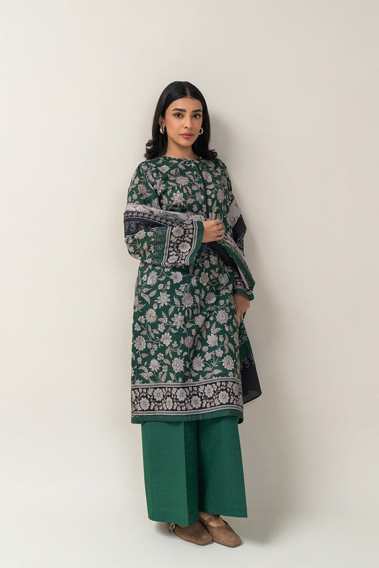 3 PIECE PRINTED SLUB KHADDAR SUIT-SMOKE GREEN (UNSTITCHED)