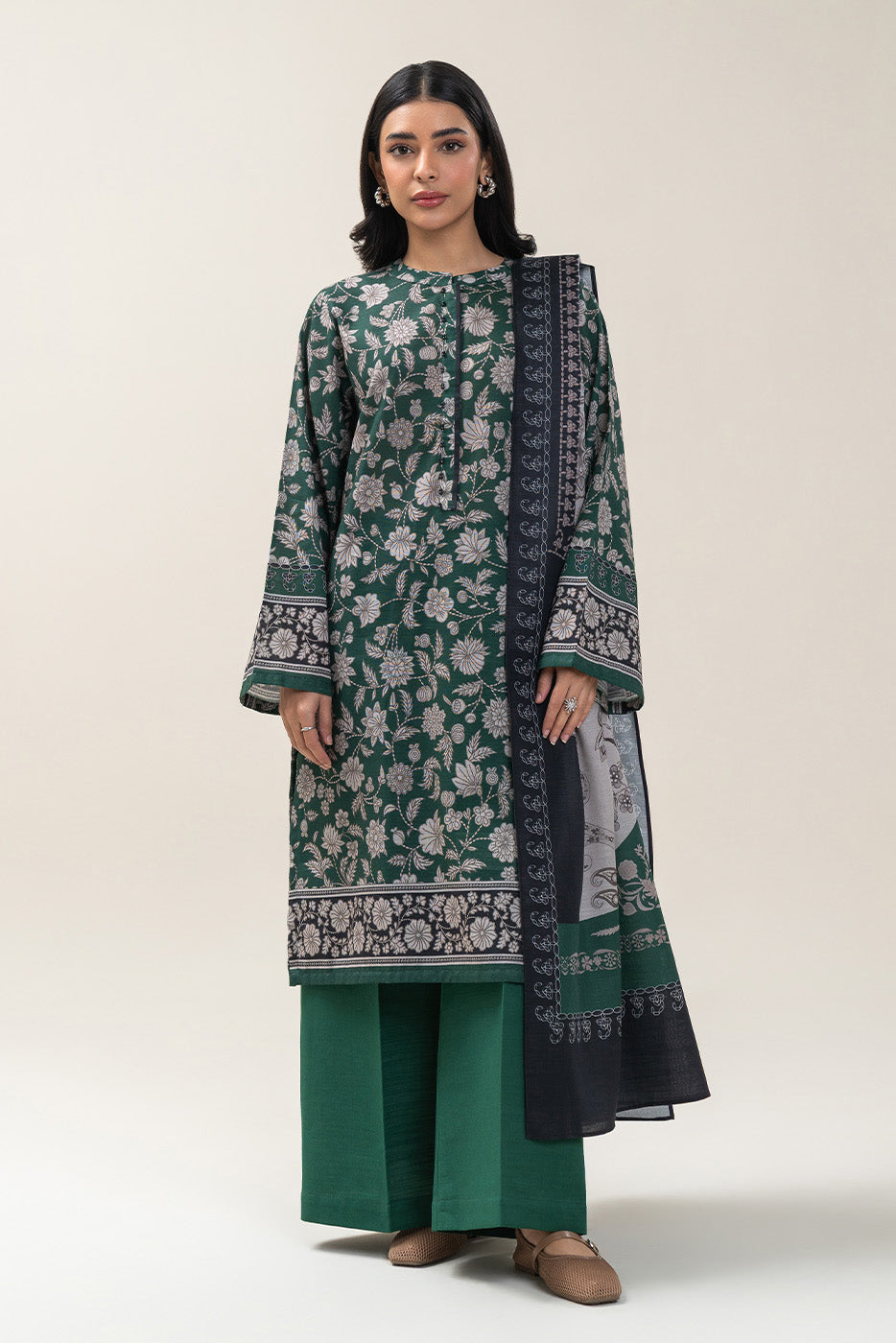 3 PIECE PRINTED SLUB KHADDAR SUIT-SMOKE GREEN (UNSTITCHED)