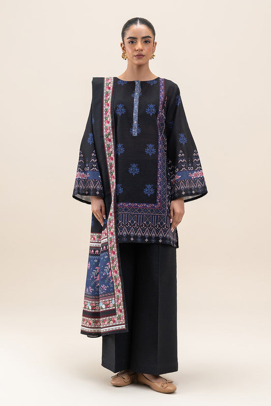 3 PIECE PRINTED SLUB KHADDAR SUIT-INDIGO BLUE