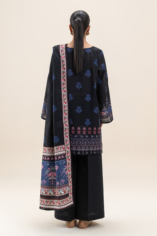 3 PIECE PRINTED SLUB KHADDAR SUIT-INDIGO BLUE