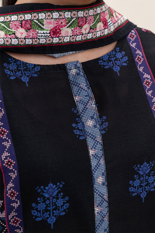 3 PIECE PRINTED SLUB KHADDAR SUIT-INDIGO BLUE