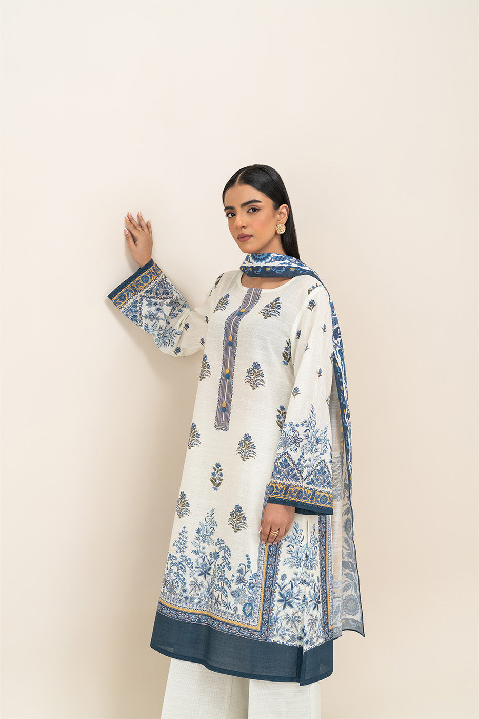 3 PIECE PRINTED SLUB KHADDAR SUIT-WHISPER WHITE