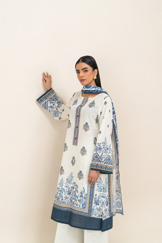 3 PIECE PRINTED SLUB KHADDAR SUIT-WHISPER WHITE