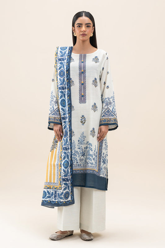 3 PIECE PRINTED SLUB KHADDAR SUIT-WHISPER WHITE