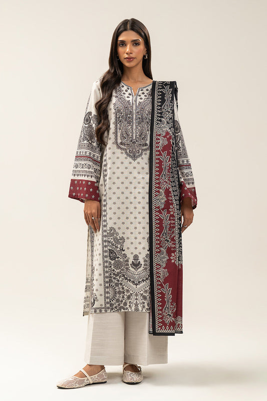 3 PIECE PRINTED SLUB KHADDAR SUIT-COCONUT PEARL (UNSTITCHED)