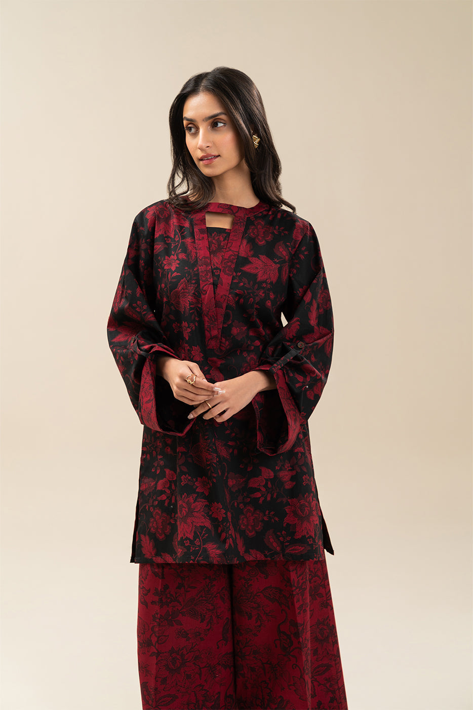 2 PIECE PRINTED CAMBRIC SUIT-MAHOGANY RED (UNSTITCHED)