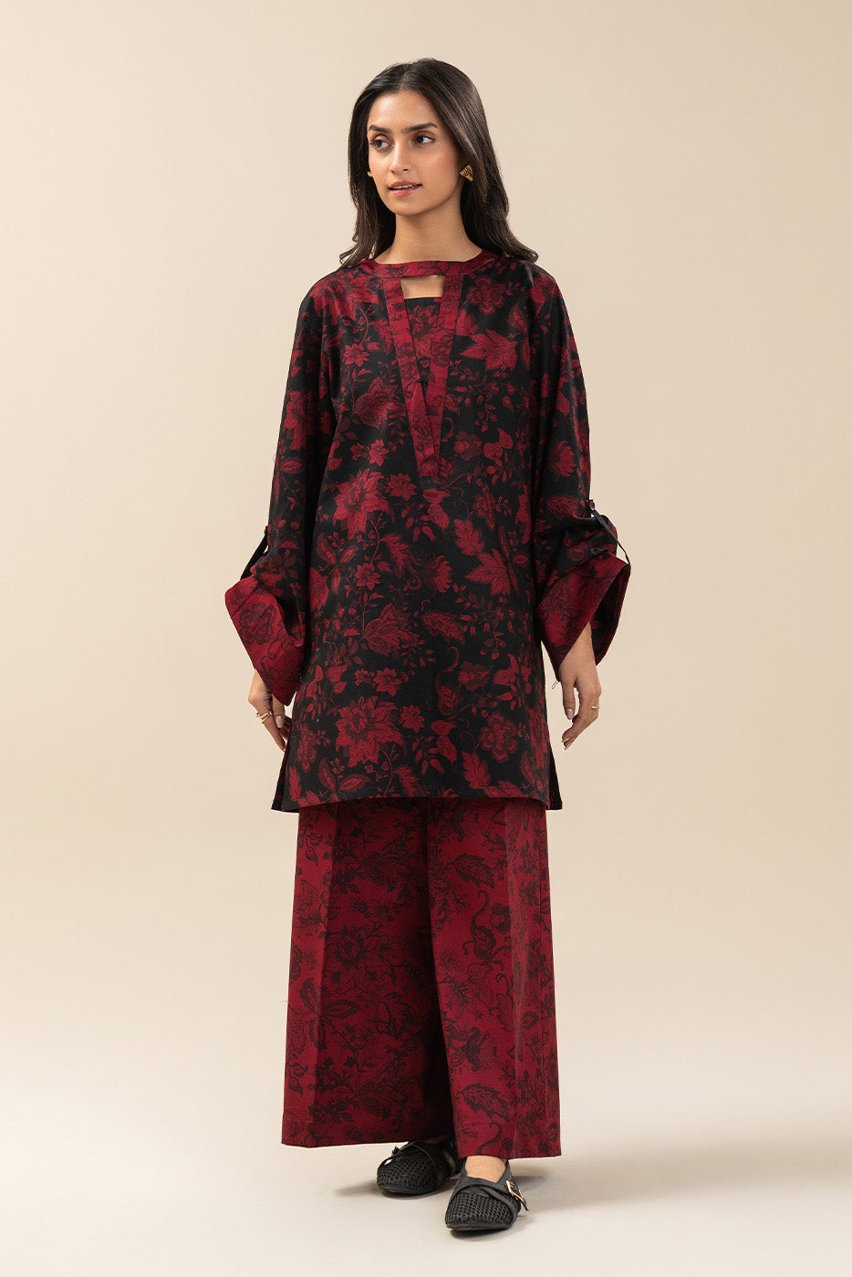 2 PIECE PRINTED CAMBRIC SUIT-MAHOGANY RED (UNSTITCHED)