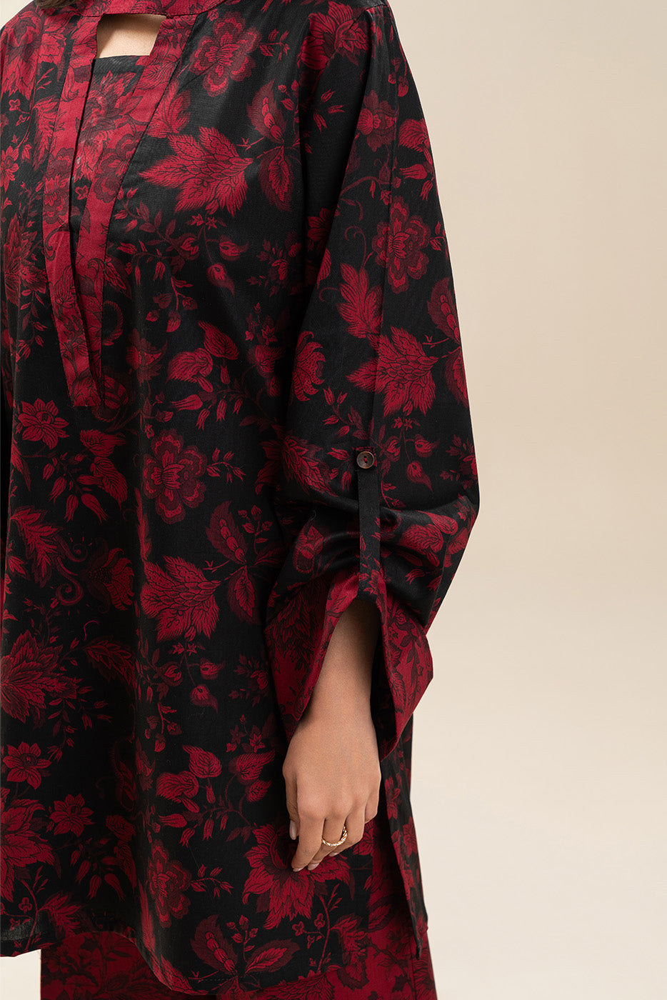 2 PIECE PRINTED CAMBRIC SUIT-MAHOGANY RED (UNSTITCHED)