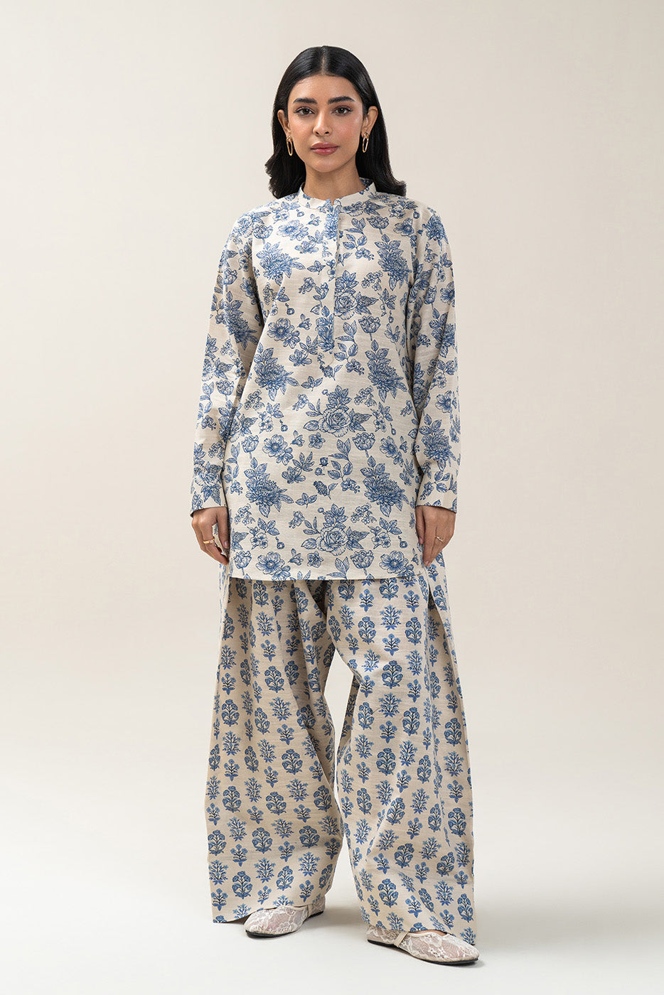 2 PIECE PRINTED SLUB KHADDAR SUIT-IVORY YALE (UNSTITCHED)