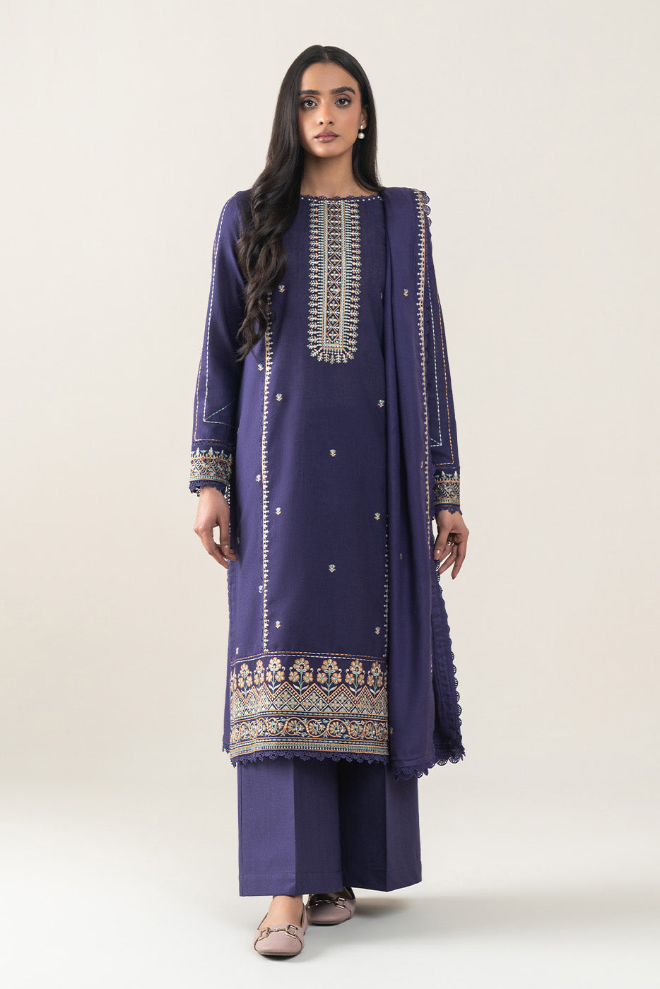 3 PIECE EMBROIDERED SLUB KHADDAR SUT-MAUVE HUES (UNSTITCHED)