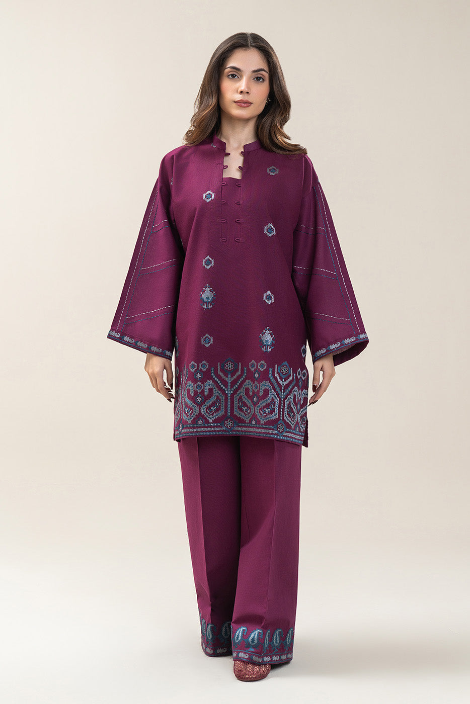 2 PIECE EMBROIDERED SLUB KHADDAR SUIT-MAGENTA ROSE (UNSTITCHED)