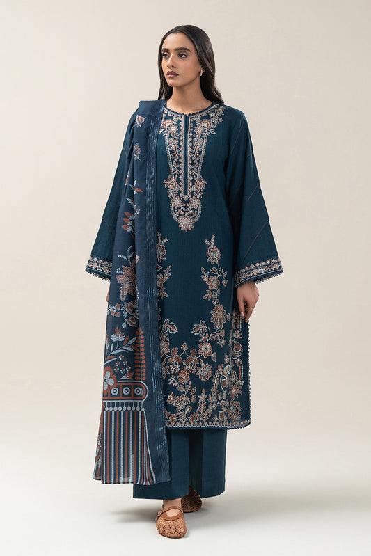 3 PIECE EMBROIDERED SLUB KHADDAR SUIT-DUSKY GEM (UNSTITCHED)