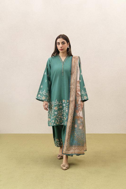 3 PIECE EMBROIDERED SLUB KHADDAR SUIT (PRET)