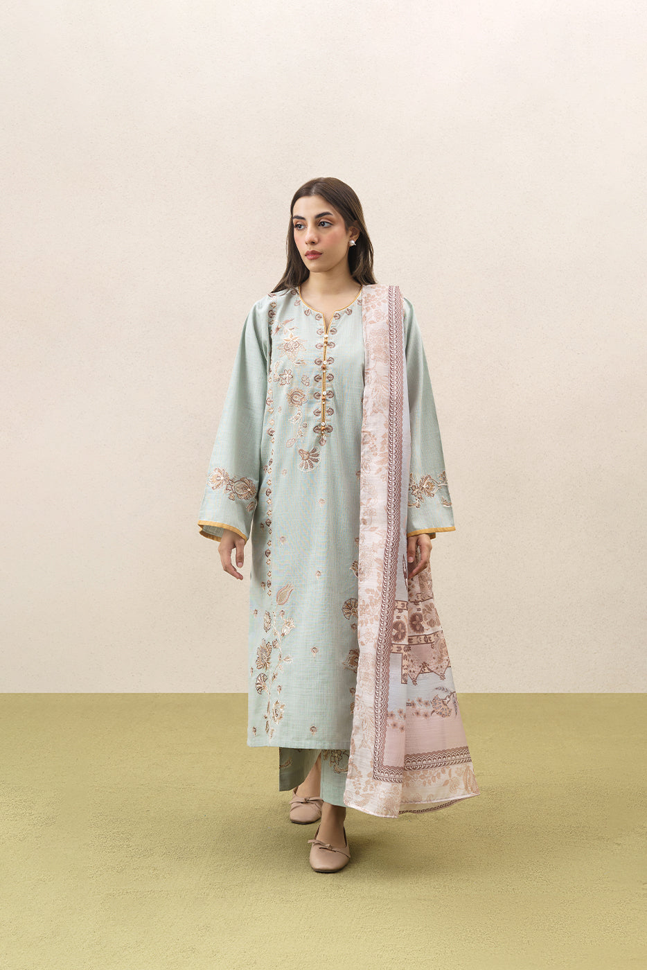 3 PIECE EMBROIDERED SLUB SUIT (PRET)