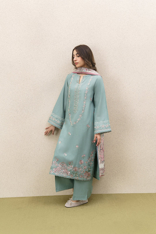 3 PIECE EMBROIDERED SLUB KHADDAR SUIT WITH SHAWL-MINTED MAJESTY (UNSTITCHED)