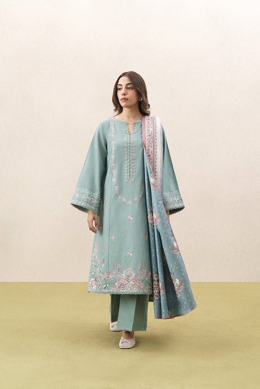 3 PIECE EMBROIDERED SLUB KHADDAR SUIT WITH SHAWL-MINTED MAJESTY (UNSTITCHED)