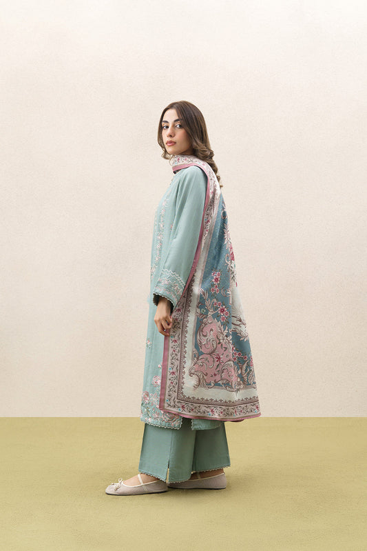 3 PIECE EMBROIDERED SLUB KHADDAR SUIT WITH SHAWL-MINTED MAJESTY (UNSTITCHED)