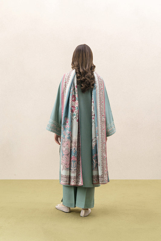 3 PIECE EMBROIDERED SLUB KHADDAR SUIT WITH SHAWL-MINTED MAJESTY (UNSTITCHED)