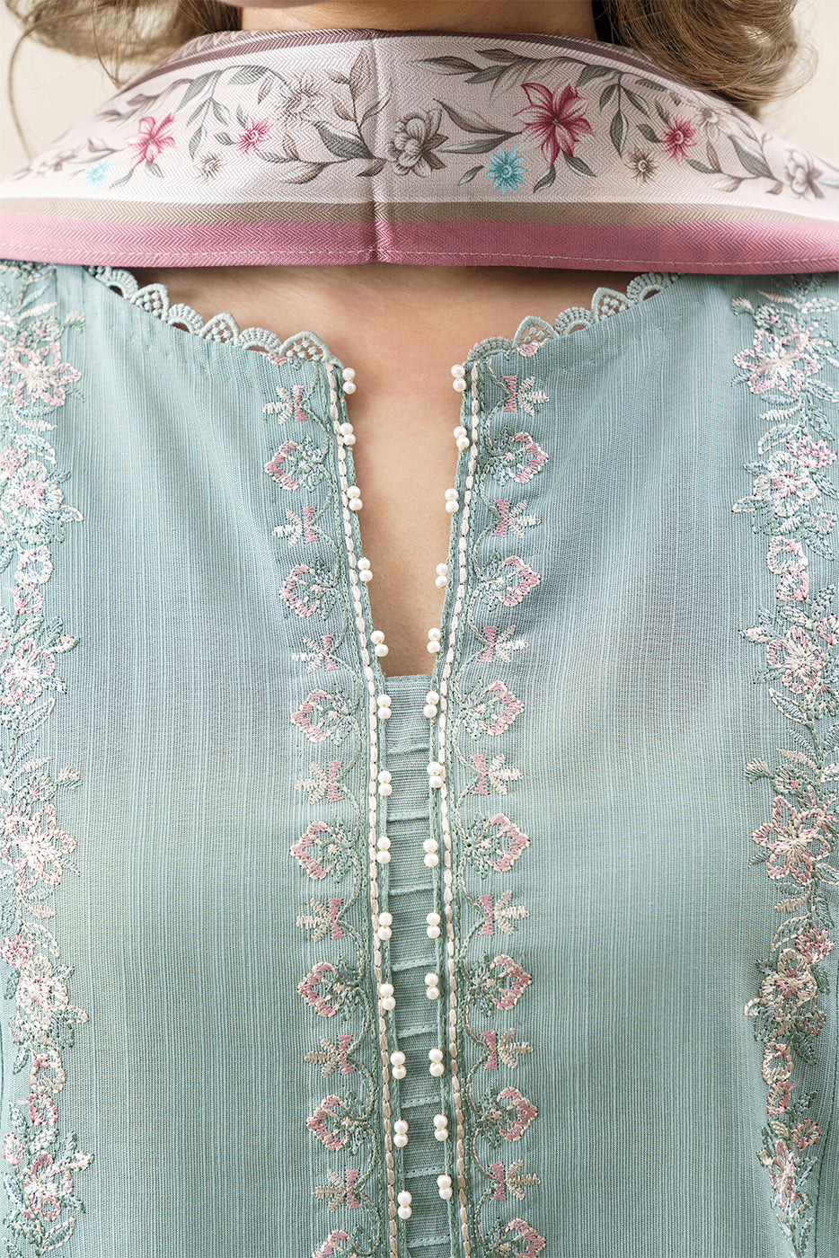 3 PIECE EMBROIDERED SLUB KHADDAR SUIT WITH SHAWL-MINTED MAJESTY (UNSTITCHED)