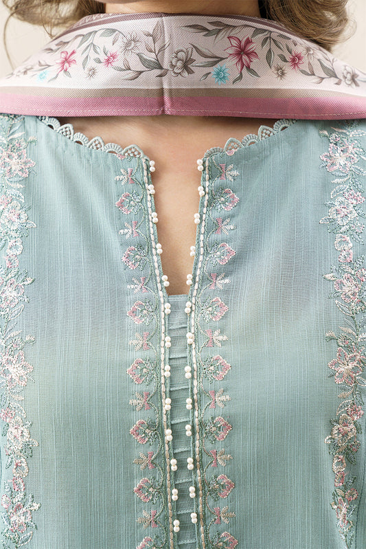 3 PIECE EMBROIDERED SLUB KHADDAR SUIT WITH SHAWL-MINTED MAJESTY (UNSTITCHED)