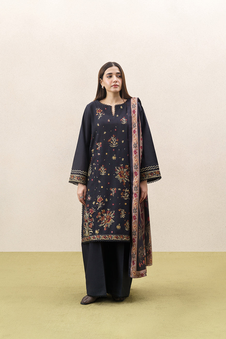 3 PIECE EMBROIDERED SLUB KHADDAR SUIT WITH SHAWL-SCARLET ORIGINS (UNSTITCHED)