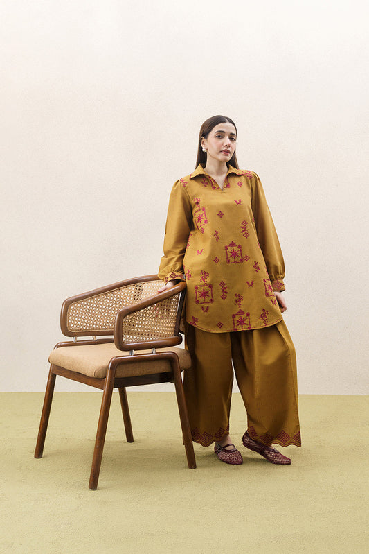 2 PIECE EMBROIDERED SELF JACQUARD KHADDAR SUIT-MUSTARD FLARE (UNSTITCHED)