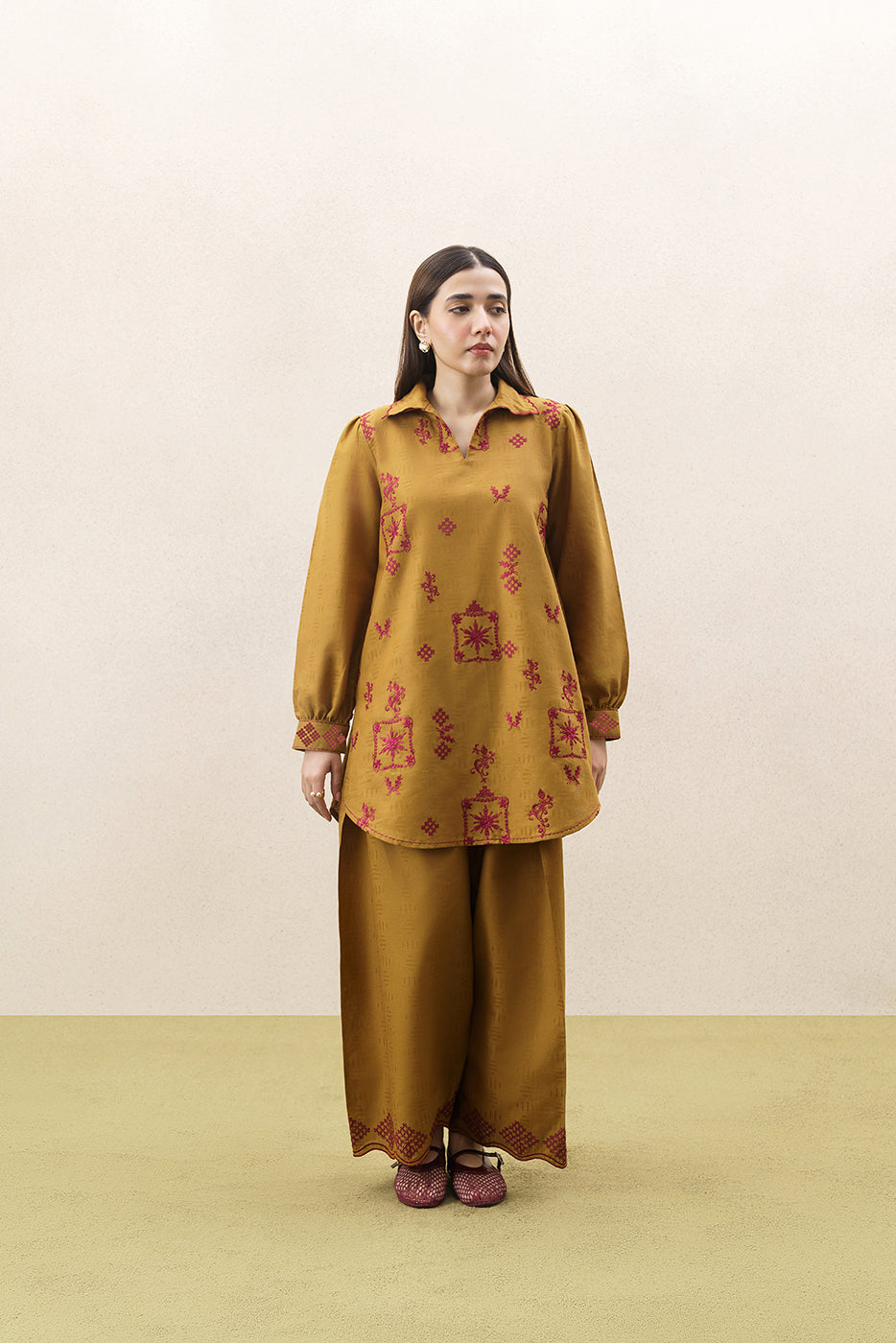 2 PIECE EMBROIDERED SELF JACQUARD KHADDAR SUIT-MUSTARD FLARE (UNSTITCHED)