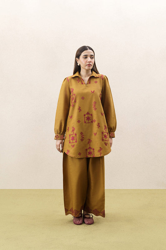 2 PIECE EMBROIDERED SELF JACQUARD KHADDAR SUIT-MUSTARD FLARE (UNSTITCHED)