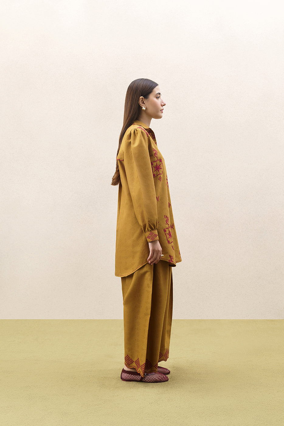 2 PIECE EMBROIDERED SELF JACQUARD KHADDAR SUIT-MUSTARD FLARE (UNSTITCHED)