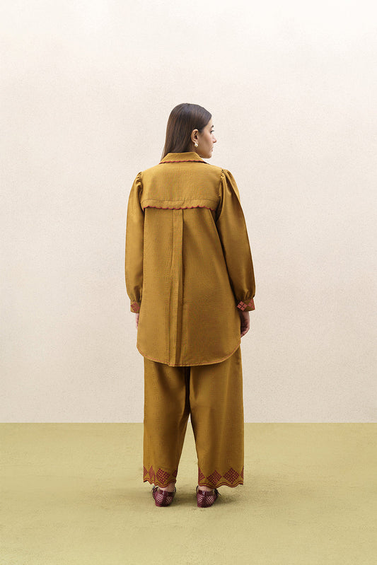 2 PIECE EMBROIDERED SELF JACQUARD KHADDAR SUIT-MUSTARD FLARE (UNSTITCHED)