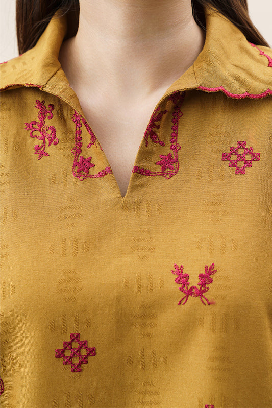 2 PIECE EMBROIDERED SELF JACQUARD KHADDAR SUIT-MUSTARD FLARE (UNSTITCHED)