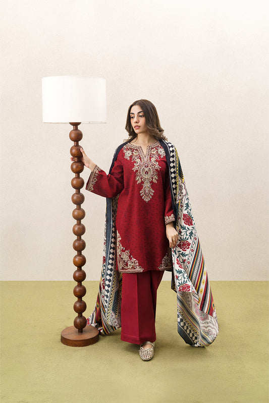3 PIECE EMBROIDERED KHADDAR SUIT WITH SHAWL-GARNET CRUSH (UNSTITCHED)