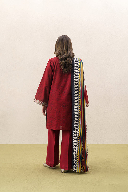 3 PIECE EMBROIDERED KHADDAR SUIT WITH SHAWL-GARNET CRUSH (UNSTITCHED)