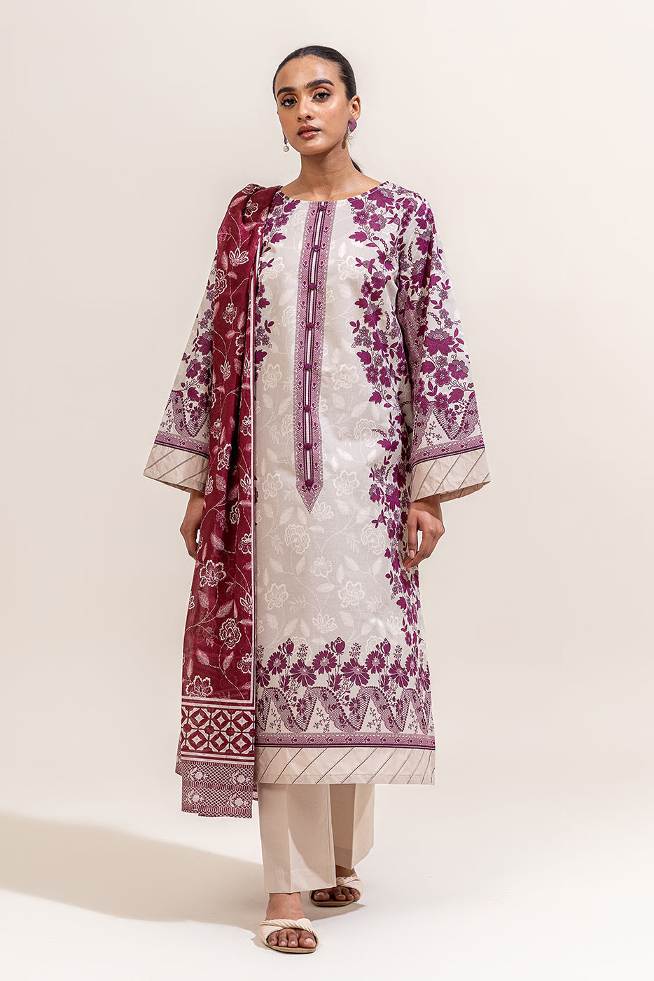 3 PIECE PRINTED LAWN SUIT-REGAL ROSEWOOD (UNSTITCHED)