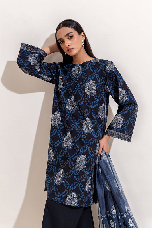 3 PIECE PRINTED LAWN SUIT-NAVY NOIR (UNSTITCHED)