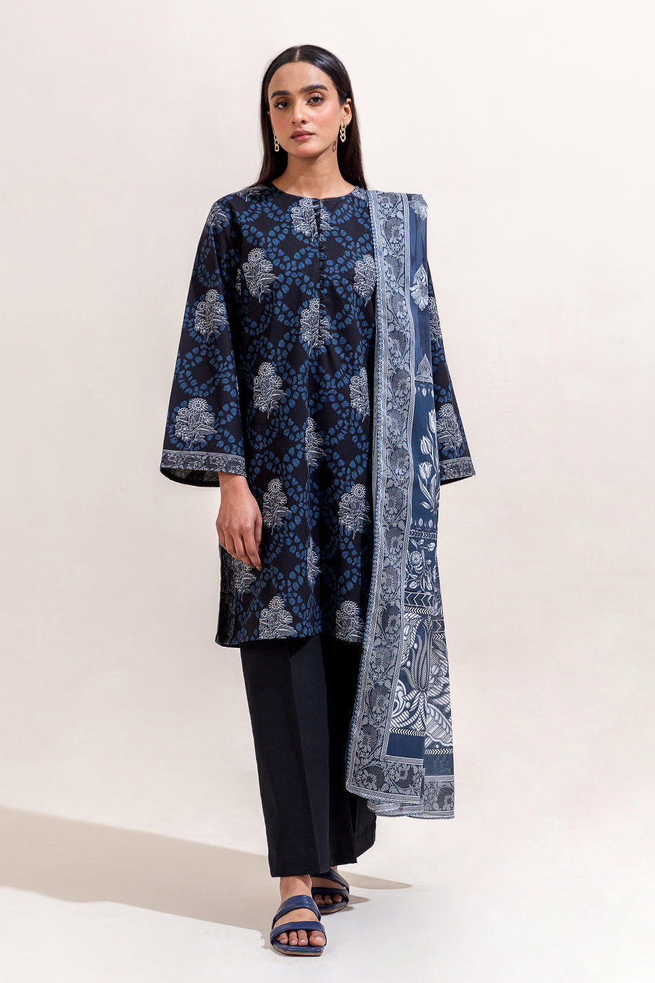 3 PIECE PRINTED LAWN SUIT-NAVY NOIR (UNSTITCHED)